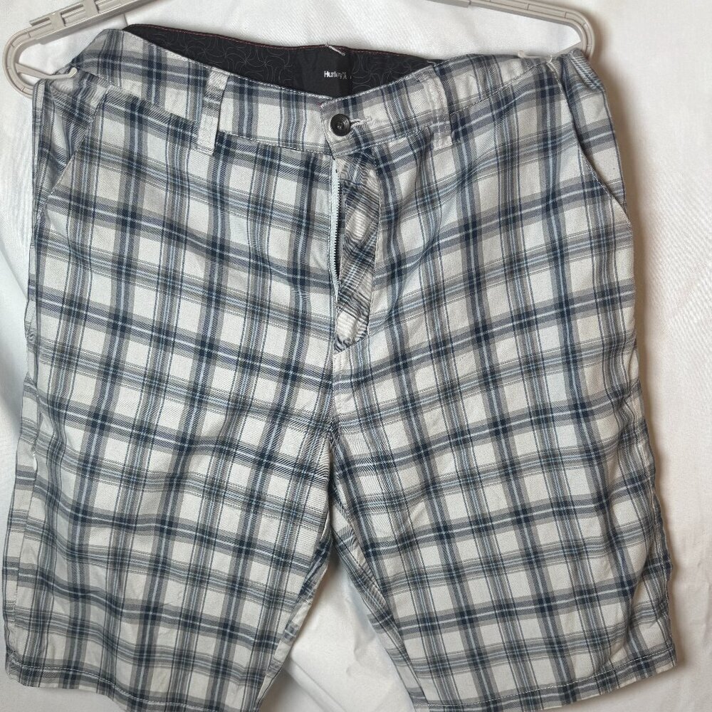 Hurley Plaid Shorts Men Gray White Zip Fly Casual